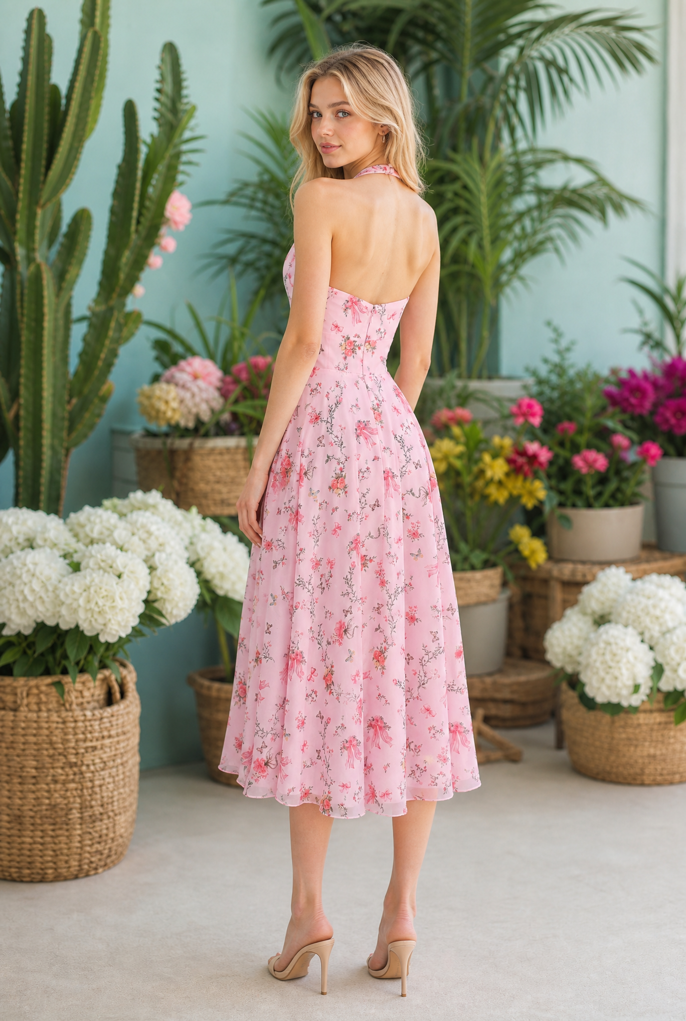 A woman wears the V-Neck Pink Midi Halter Floral Sundress: Millie and nude heels, standing indoors among potted plants and flowers, facing slightly away.